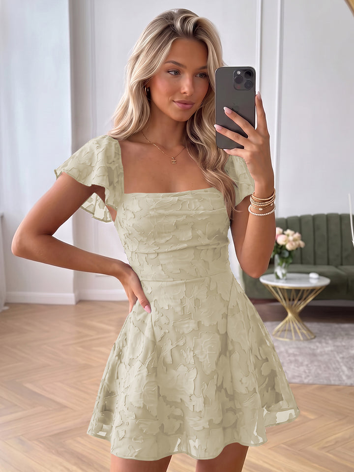 A-Line/Princess Square Neck Flying Sleeves Chiffon Mini Homecoming Dresses with Florals