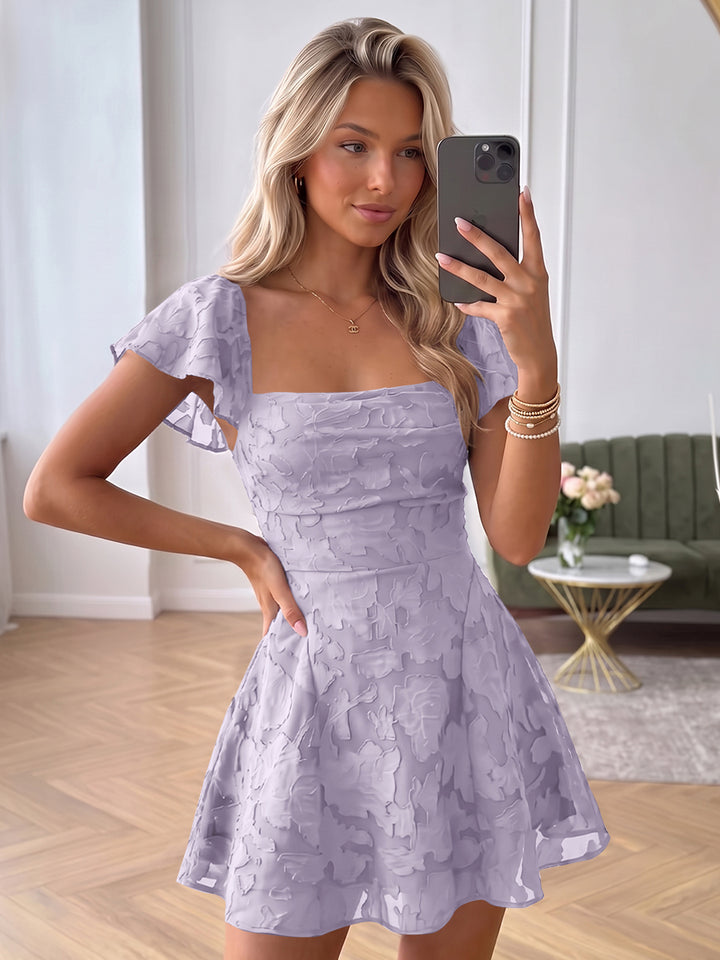 A-Line/Princess Square Neck Flying Sleeves Chiffon Mini Homecoming Dresses with Florals