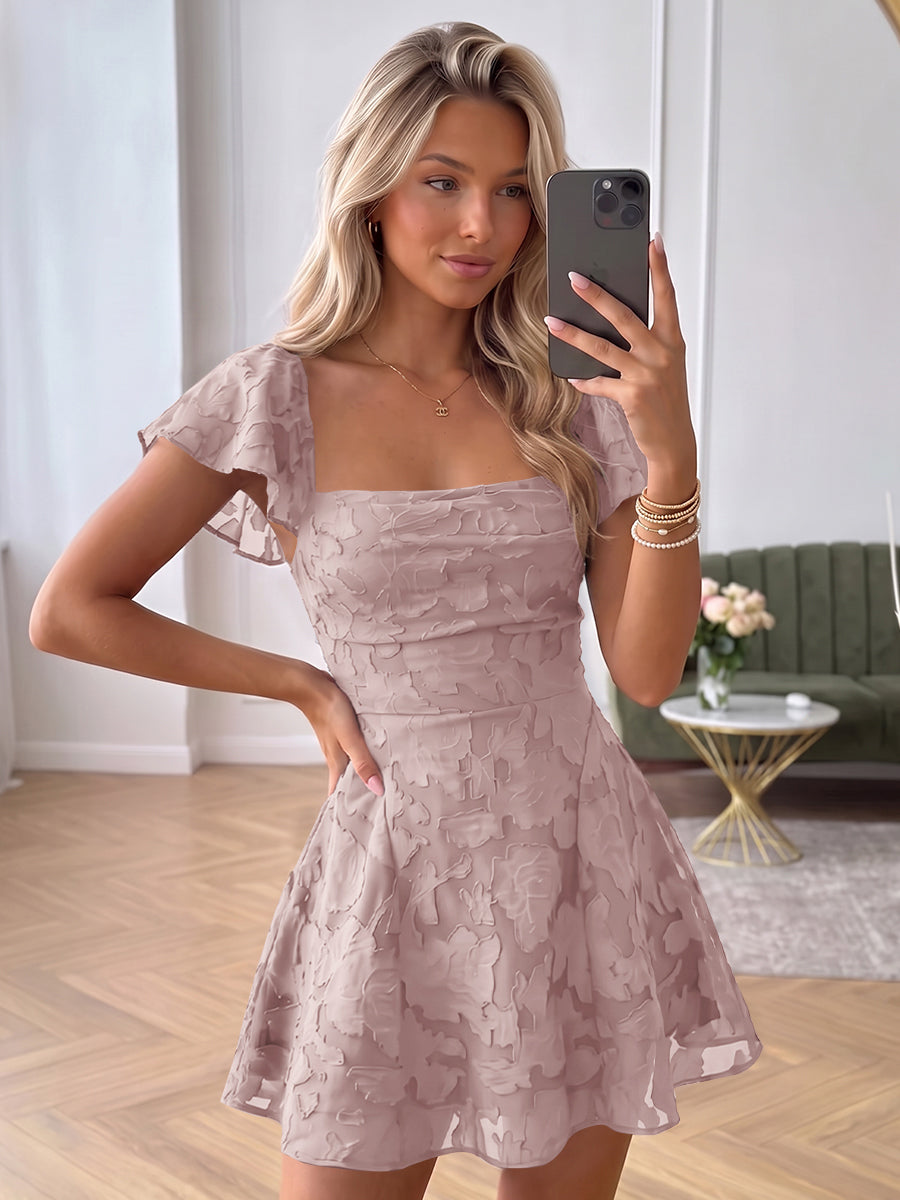 A-Line/Princess Square Neck Flying Sleeves Chiffon Mini Homecoming Dresses with Florals