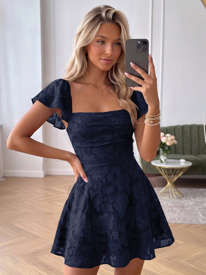 A-Line/Princess Square Neck Flying Sleeves Chiffon Mini Homecoming Dresses with Florals