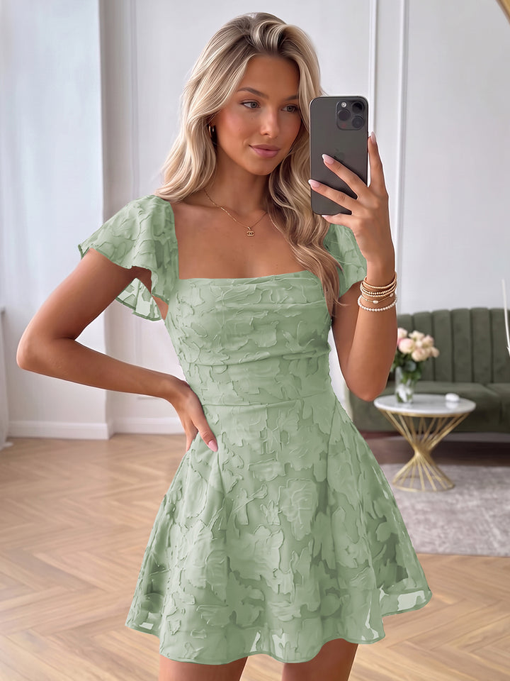 A-Line/Princess Square Neck Flying Sleeves Chiffon Mini Homecoming Dresses with Florals