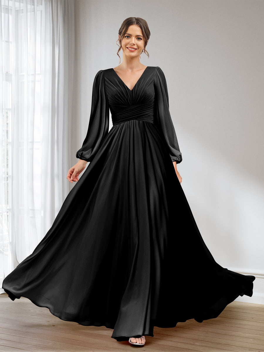 Lavetir Bridesmaid Dresses Black A-Line/Princess V-Neck Long Sleeves Chiffon Long With Pockets 2026