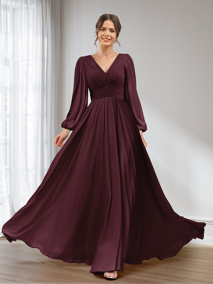 Lavetir Bridesmaid Dresses Brown A-Line/Princess V-Neck Long Sleeves Chiffon Long With Pockets 2026