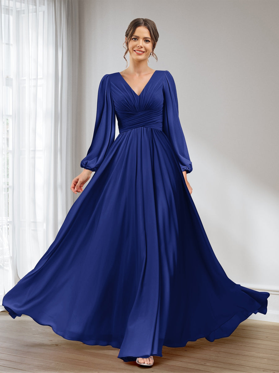 Lavetir Bridesmaid Dresses Steel Blue A-Line/Princess V-Neck Long Sleeves Chiffon Long With Pockets 2026