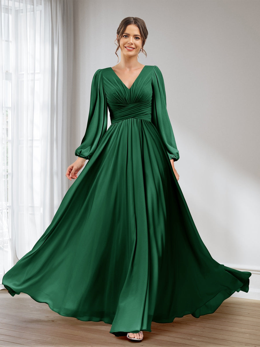 Lavetir Bridesmaid Dresses Emerald A-Line/Princess V-Neck Long Sleeves Chiffon Long With Pockets 2026