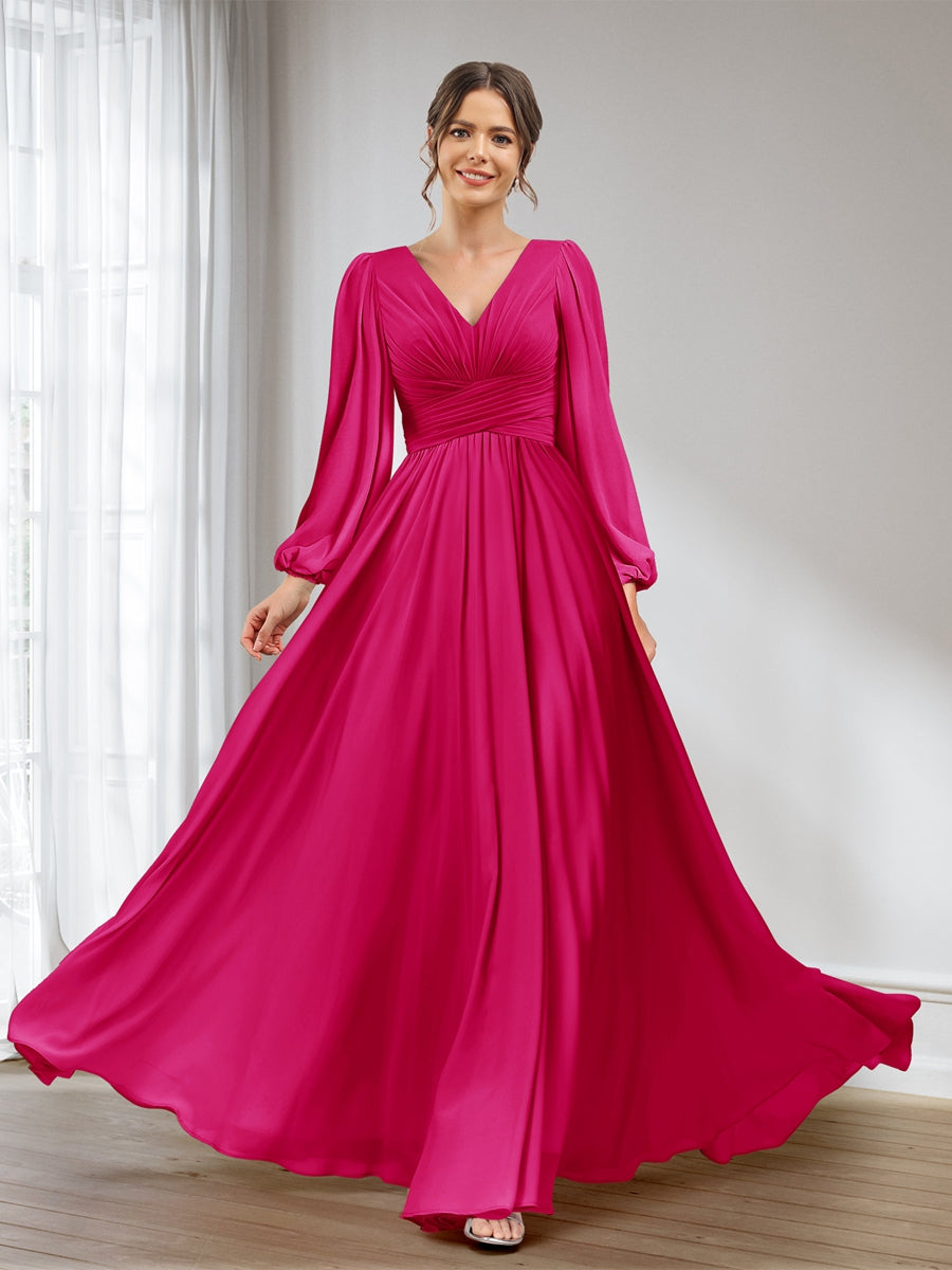 Lavetir Bridesmaid Dresses Fuchsia A-Line/Princess V-Neck Long Sleeves Chiffon Long With Pockets 2026