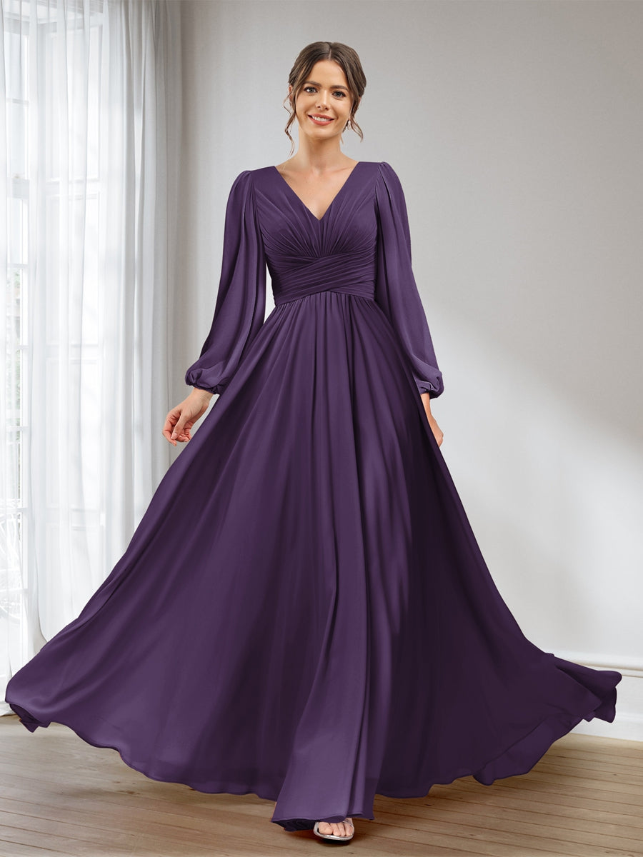 purple bridesmaid dresses with sleeves Draped Royal Gown Teuta Matoshi Youll love the separate sash that adds a touch of sophistication to this dress with long sleeves Modest Dark Purple Bridesmaid Dresses