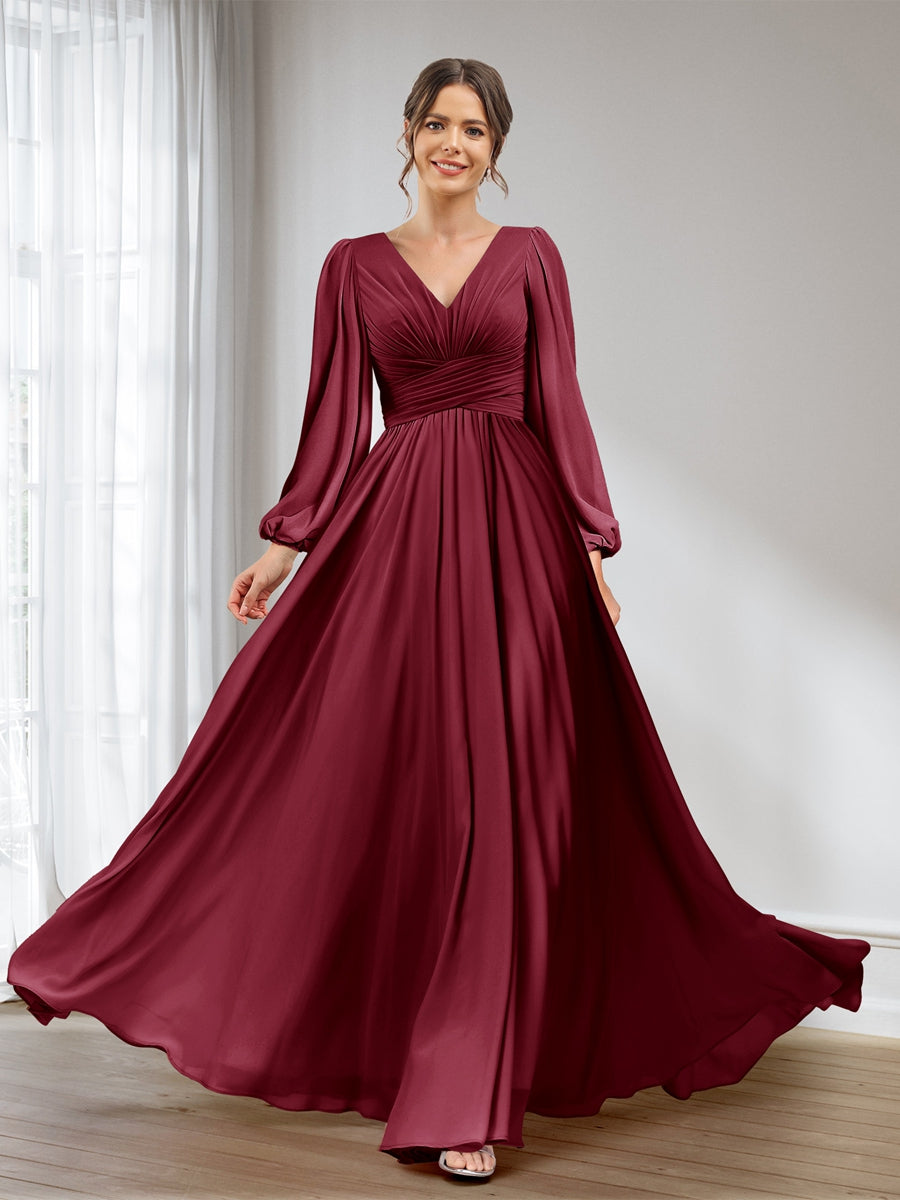 Lavetir Bridesmaid Dresses Orchid A-Line/Princess V-Neck Long Sleeves Chiffon Long With Pockets 2026