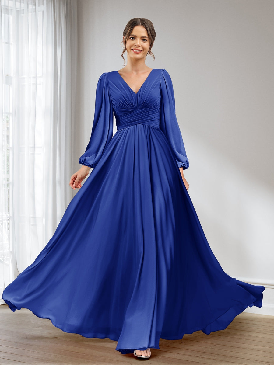 Lavetir Bridesmaid Dresses Light Royal Blue A-Line/Princess V-Neck Long Sleeves Chiffon Long With Pockets 2026
