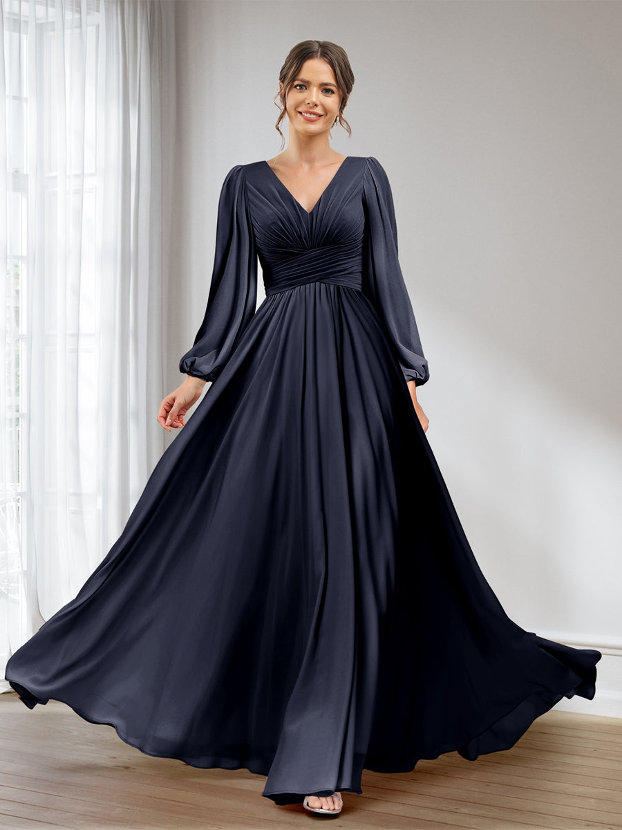 Lavetir Bridesmaid Dresses Black A-Line/Princess V-Neck Long Sleeves Chiffon Long With Pockets 2026