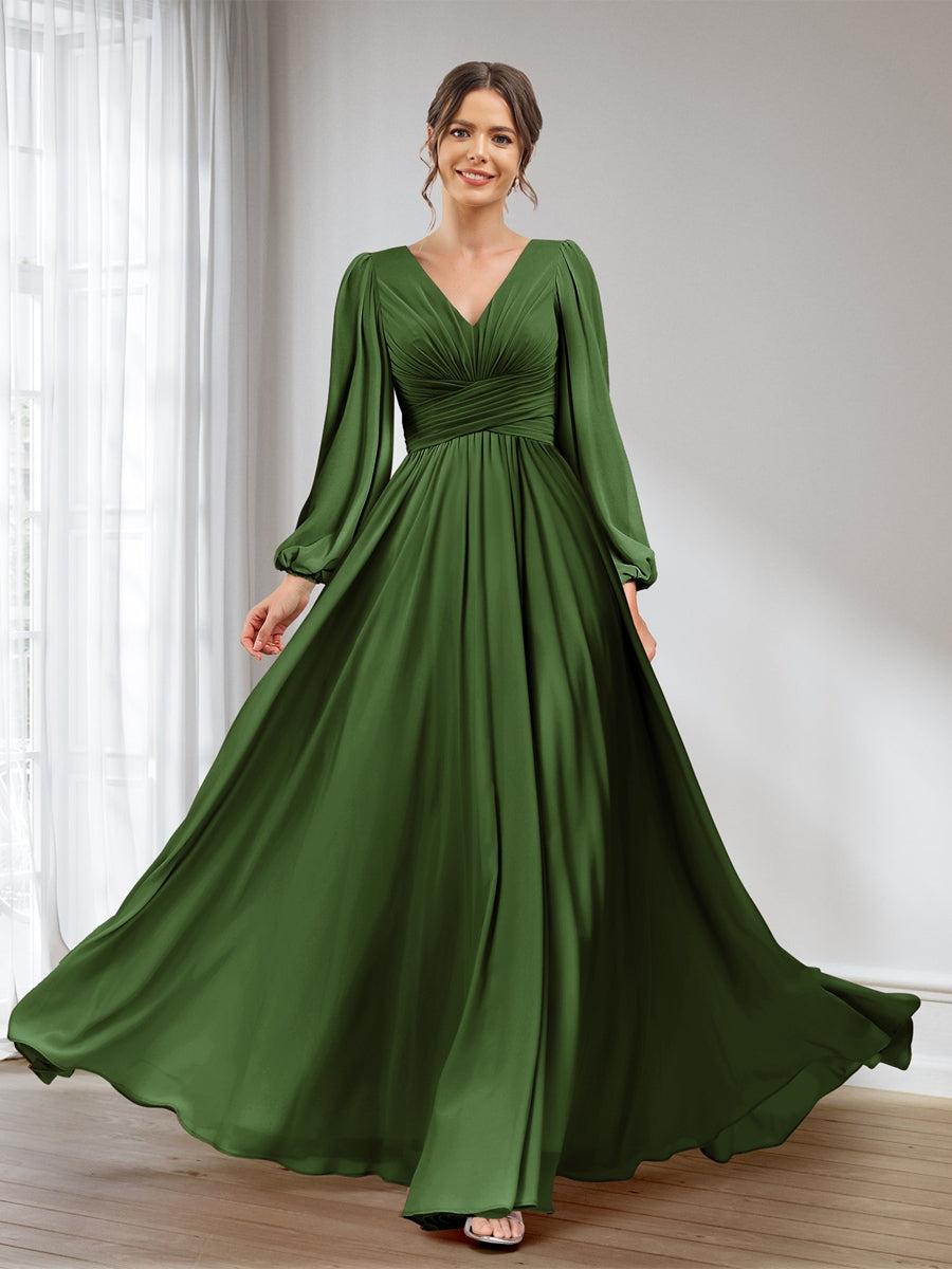Lavetir Bridesmaid Dresses Olive Green A-Line/Princess V-Neck Long Sleeves Chiffon Long With Pockets 2026