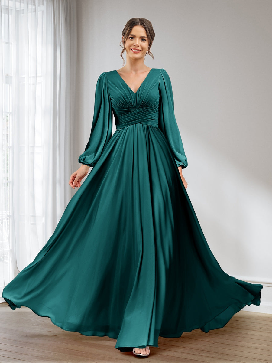 Lavetir Bridesmaid Dresses Peacock A-Line/Princess V-Neck Long Sleeves Chiffon Long With Pockets 2026