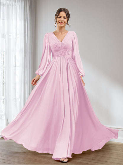 A-Line/Princess V-Neck Long Sleeves Chiffon Long Bridesmaid Dresses With Pockets