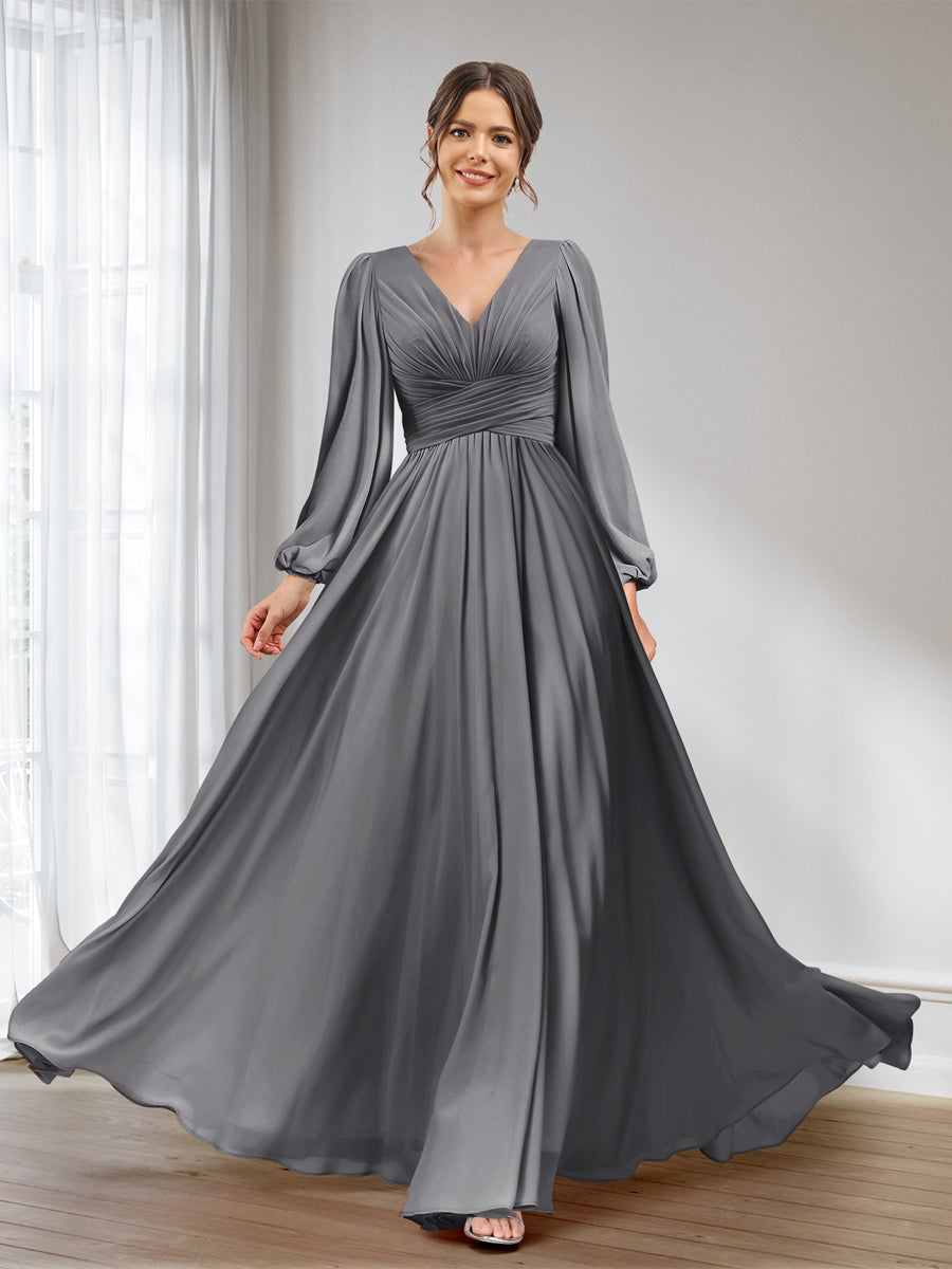 Lavetir Bridesmaid Dresses Gray A-Line/Princess V-Neck Long Sleeves Chiffon Long With Pockets 2026