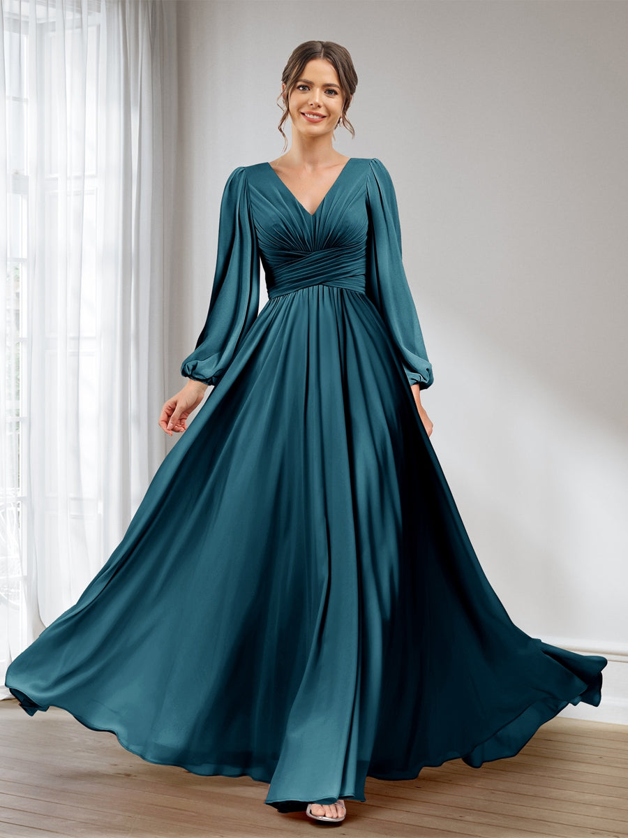 Lavetir Bridesmaid Dresses Peacock A-Line/Princess V-Neck Long Sleeves Chiffon Long With Pockets 2026