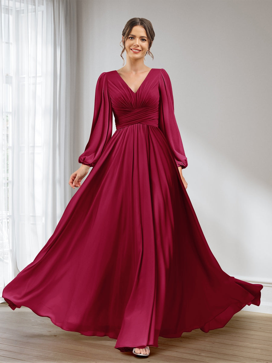 Lavetir Bridesmaid Dresses Wine Red A-Line/Princess V-Neck Long Sleeves Chiffon Long With Pockets 2026