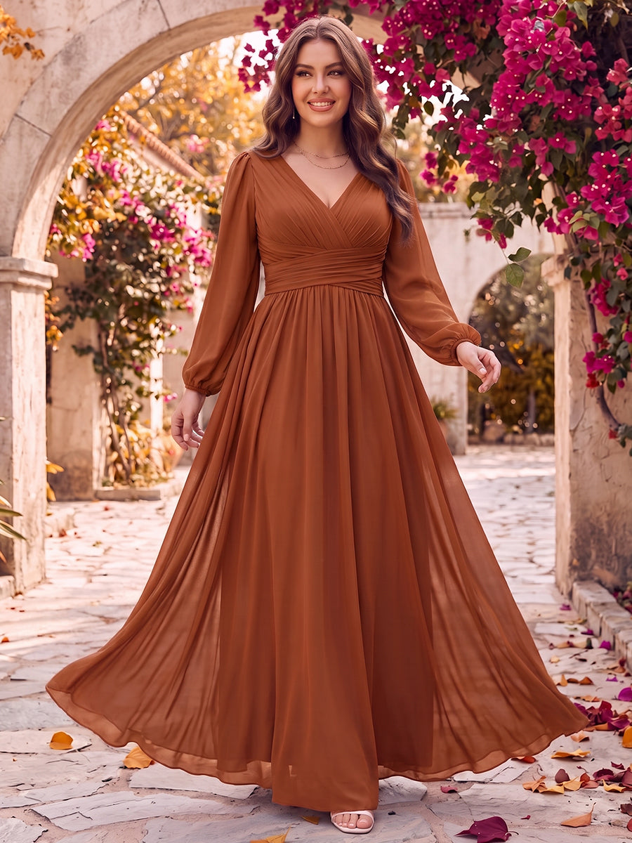 A-Line/Princess V-Neck Long Sleeves Silk Satin Floor-Length Plus Size Bridesmaid Dresses with Pockets