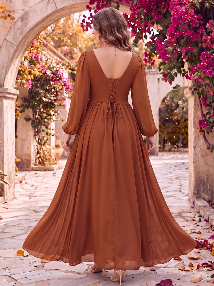 A-Line/Princess V-Neck Long Sleeves Silk Satin Floor-Length Plus Size Bridesmaid Dresses with Pockets