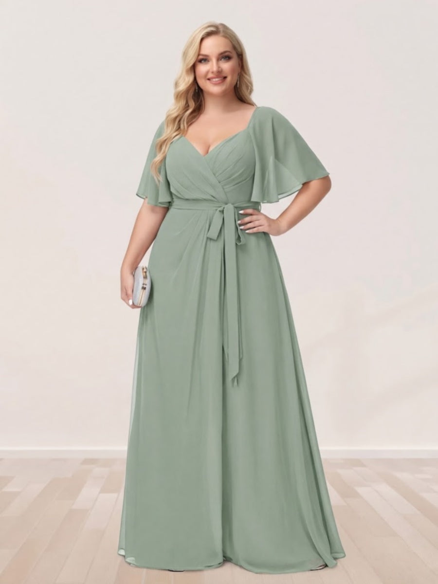 A-Line/Princess V-Neck Half Sleeves Plus Size Bridesmaid Dresses with Split Side