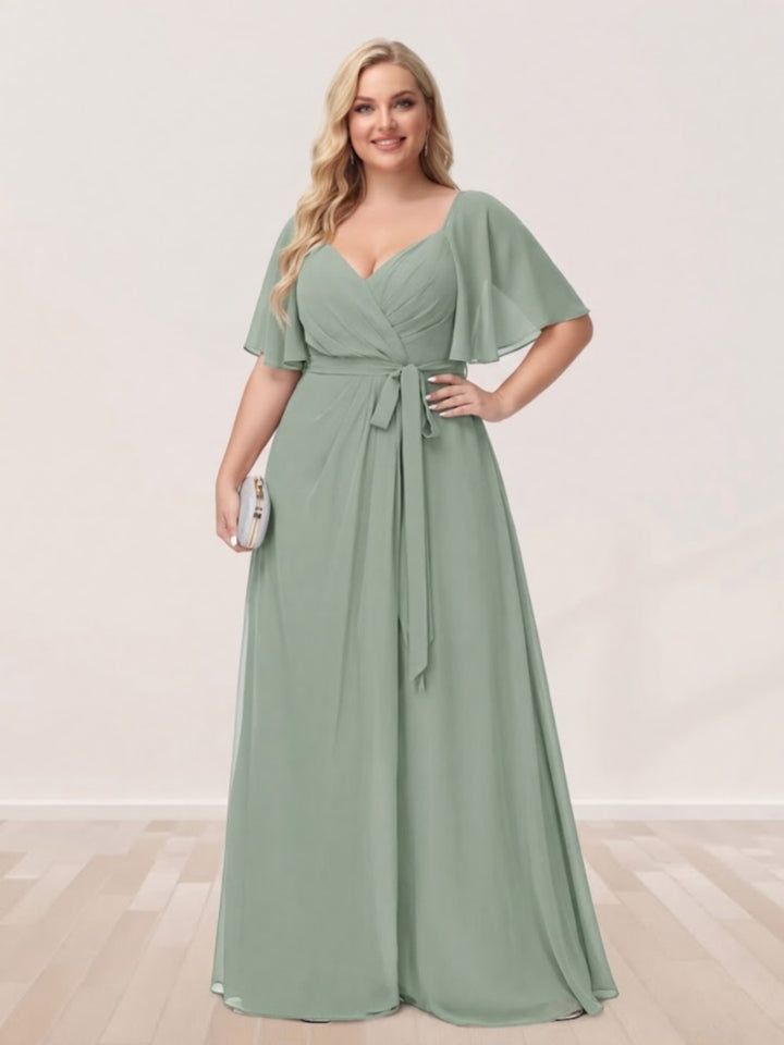 A-Line/Princess V-Neck Half Sleeves Plus Size Bridesmaid Dresses with Split Side