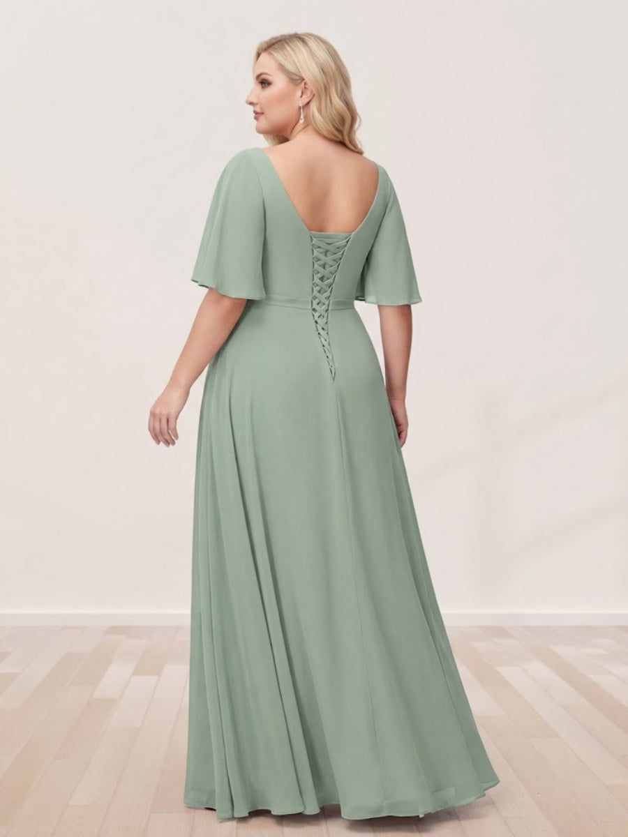 A-Line/Princess V-Neck Half Sleeves Plus Size Bridesmaid Dresses with Split Side