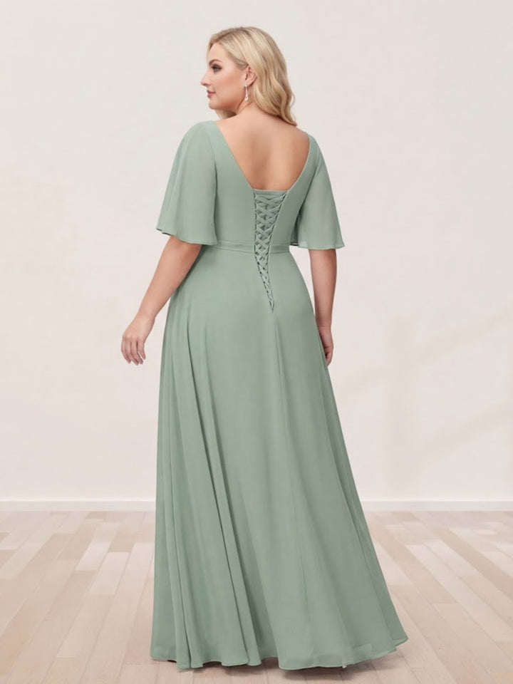 A-Line/Princess V-Neck Half Sleeves Plus Size Bridesmaid Dresses with Split Side