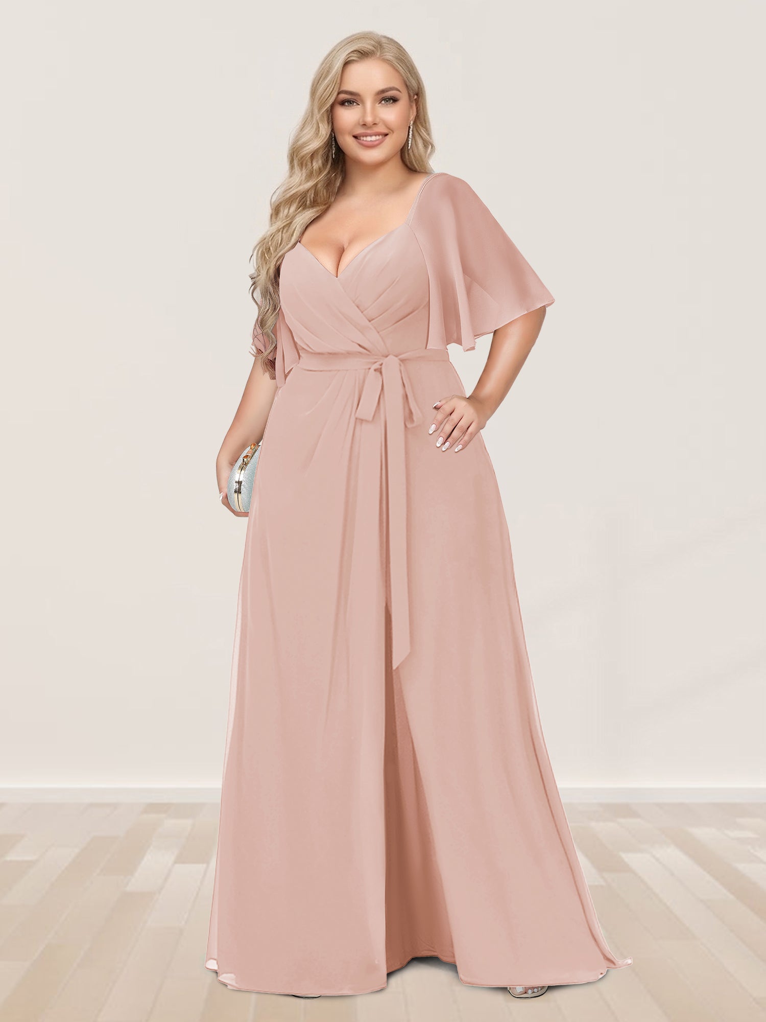A-Line/Princess V-Neck Half Sleeves Plus Size Bridesmaid Dresses with Split Side