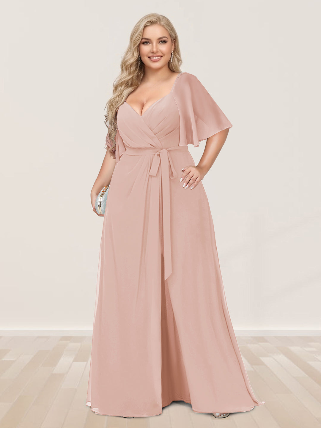 A-Line/Princess V-Neck Half Sleeves Plus Size Bridesmaid Dresses with Split Side