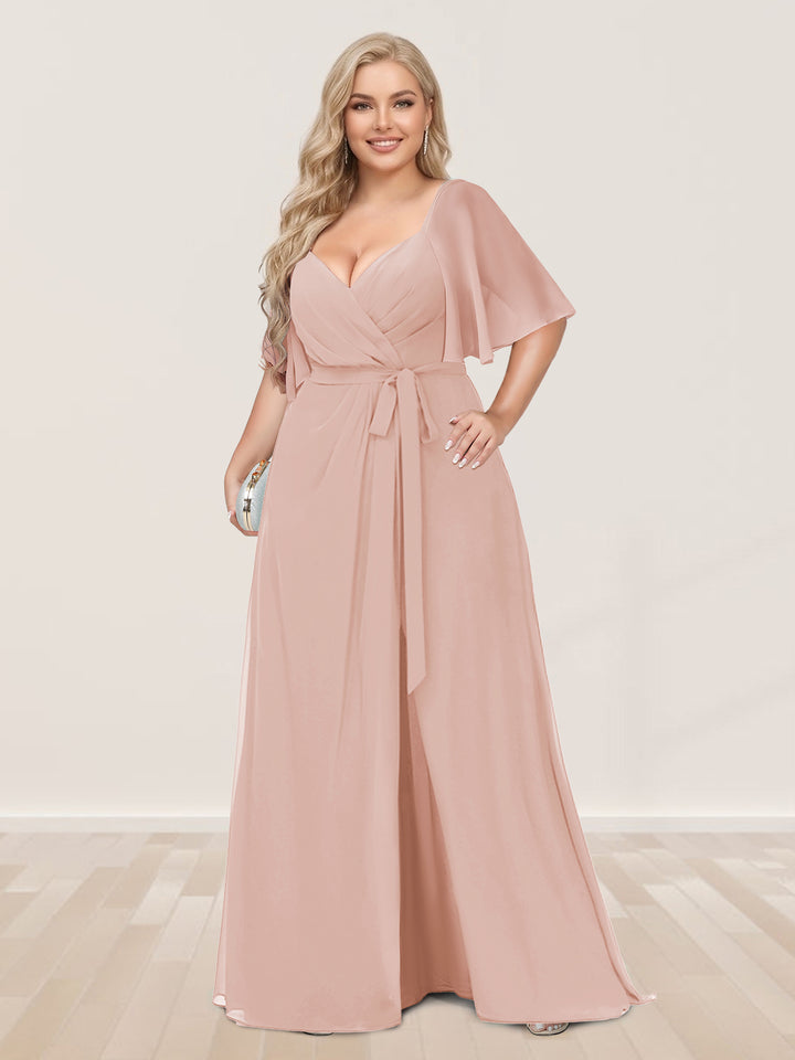 A-Line/Princess V-Neck Half Sleeves Plus Size Bridesmaid Dresses with Split Side