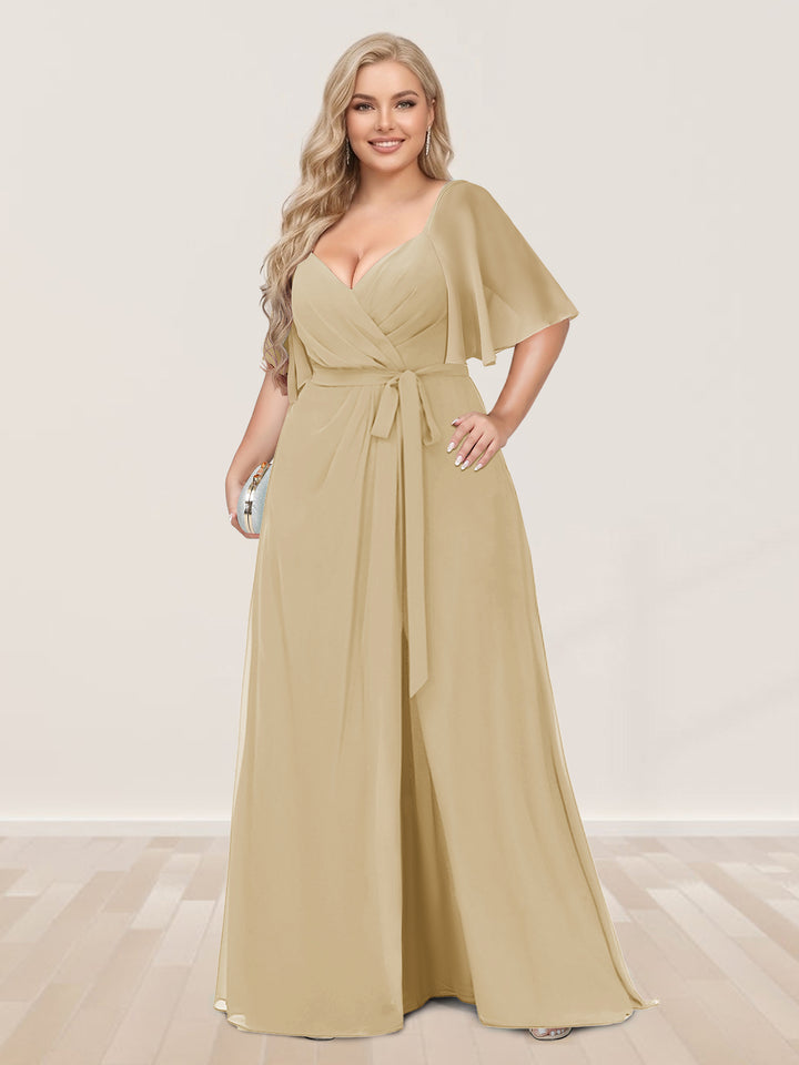 A-Line/Princess V-Neck Half Sleeves Plus Size Bridesmaid Dresses with Split Side