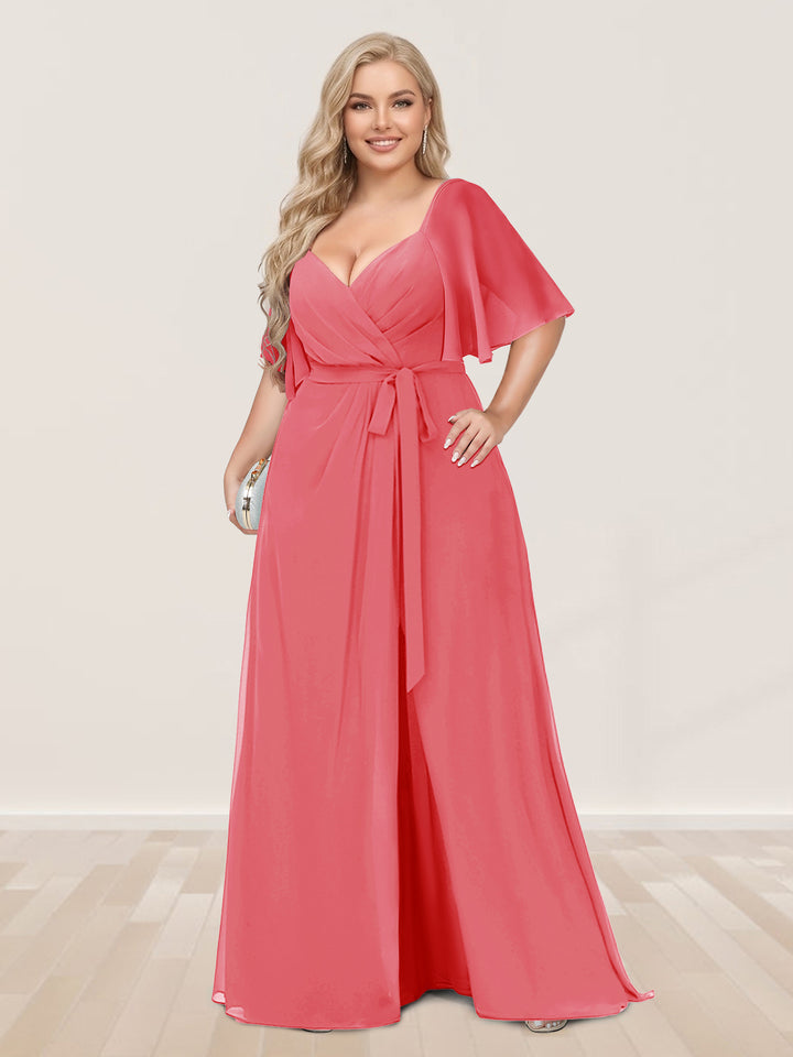 A-Line/Princess V-Neck Half Sleeves Plus Size Bridesmaid Dresses with Split Side