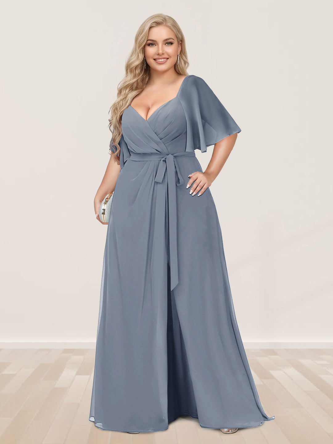 A-Line/Princess V-Neck Half Sleeves Plus Size Bridesmaid Dresses with Split Side