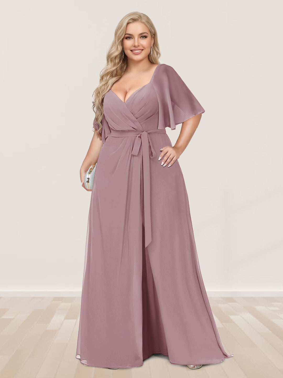 A-Line/Princess V-Neck Half Sleeves Plus Size Bridesmaid Dresses with Split Side