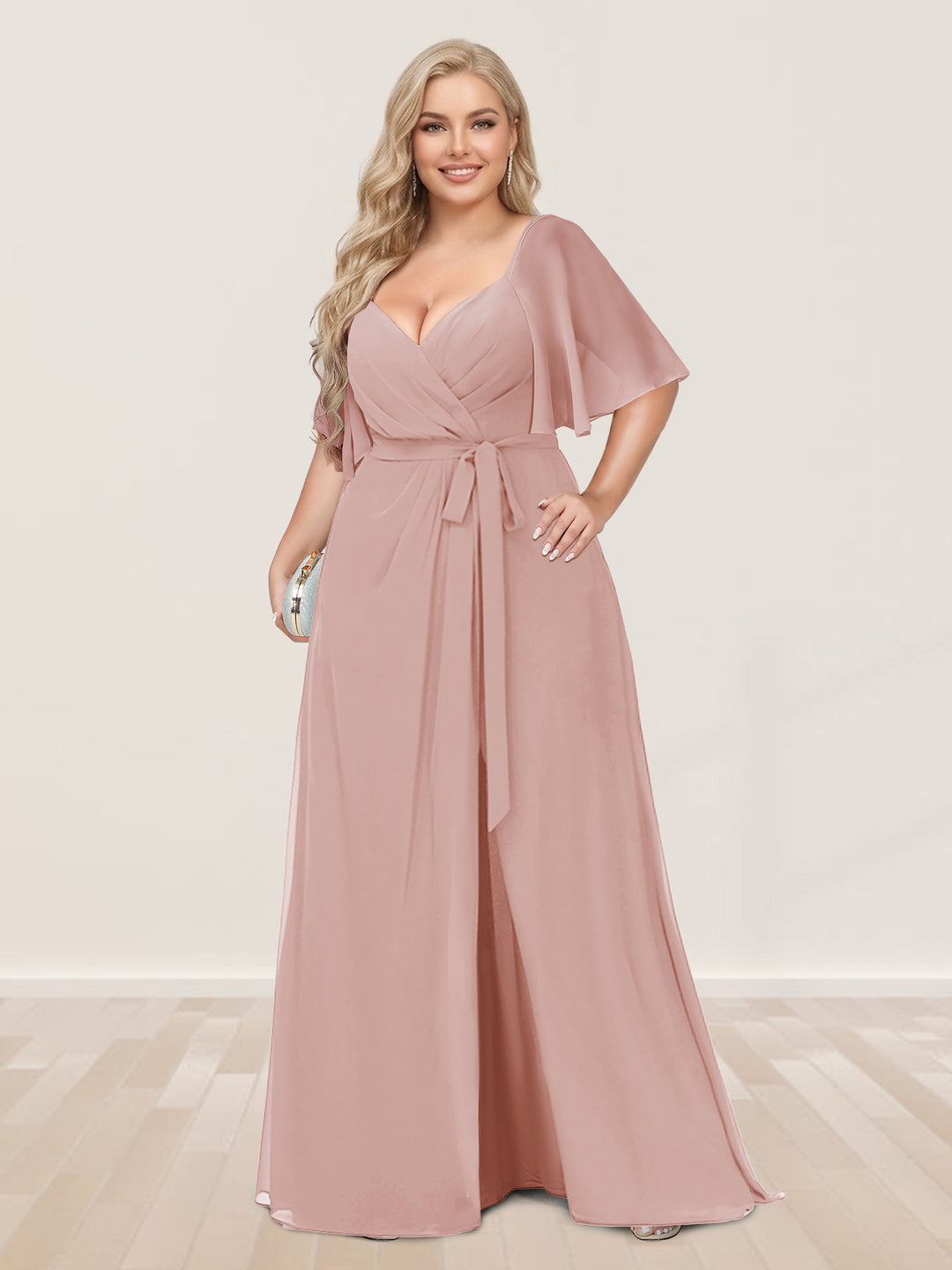 A-Line/Princess V-Neck Half Sleeves Plus Size Bridesmaid Dresses with Split Side