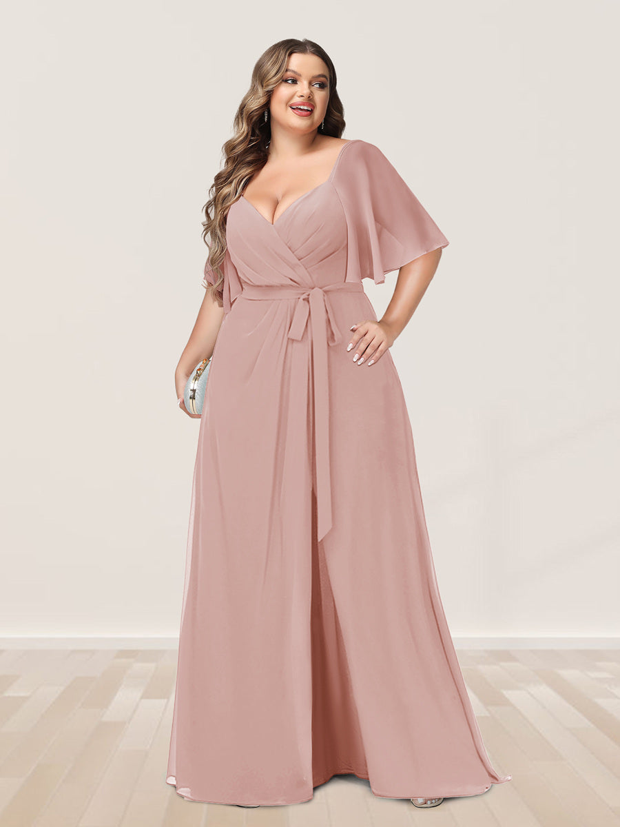 A Line Princess V Neck Half Sleeves Plus Size Bridesmaid Dresses with Lavetir