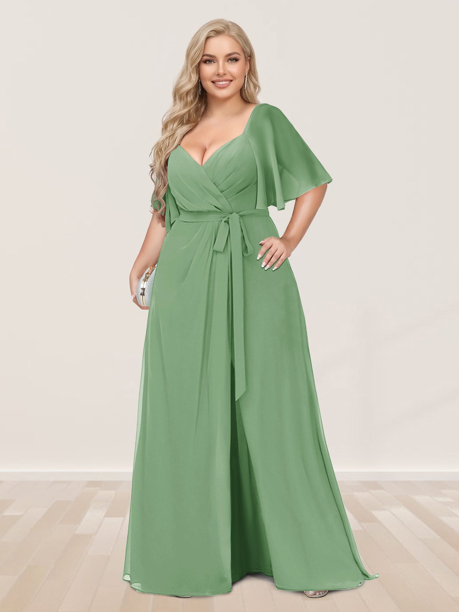 A-Line/Princess V-Neck Half Sleeves Plus Size Bridesmaid Dresses with Split Side
