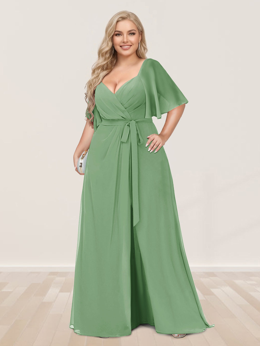 A-Line/Princess V-Neck Half Sleeves Plus Size Bridesmaid Dresses with Split Side