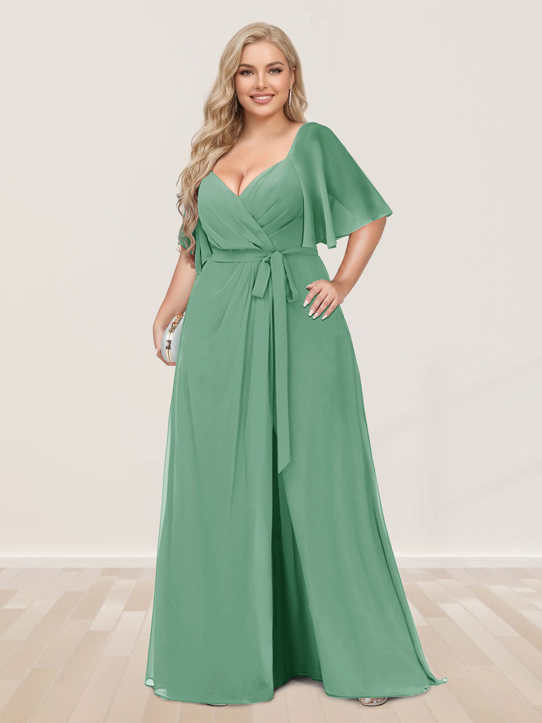 A-Line/Princess V-Neck Half Sleeves Plus Size Bridesmaid Dresses with Split Side