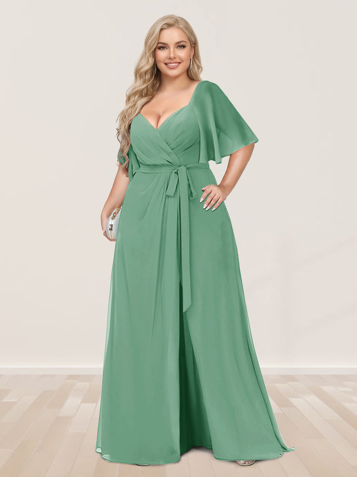 A-Line/Princess V-Neck Half Sleeves Plus Size Bridesmaid Dresses with Split Side