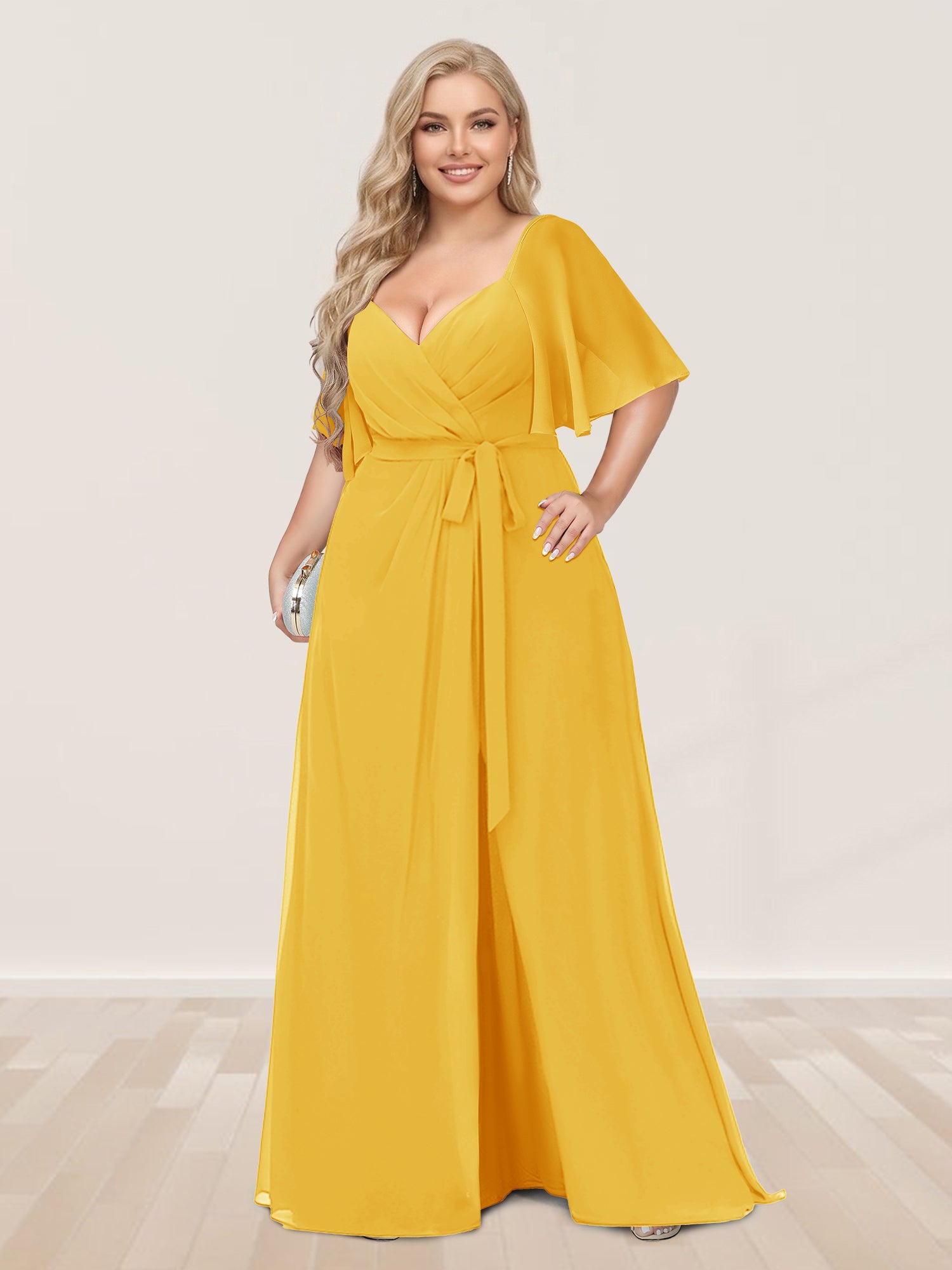 A-Line/Princess V-Neck Half Sleeves Plus Size Bridesmaid Dresses with Split Side