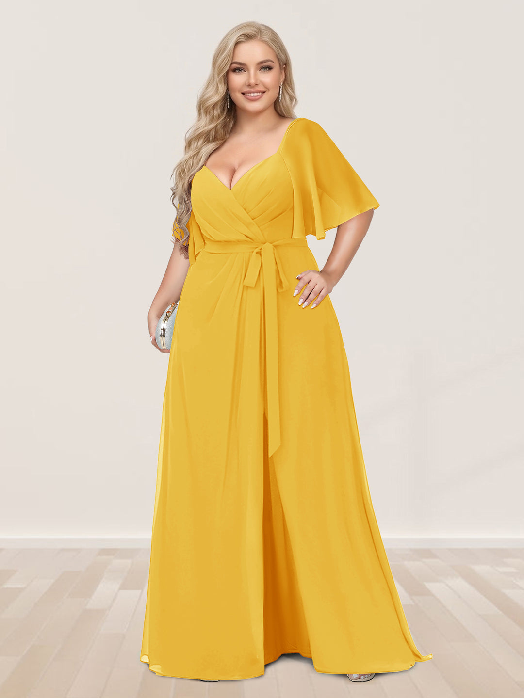 A-Line/Princess V-Neck Half Sleeves Plus Size Bridesmaid Dresses with Split Side