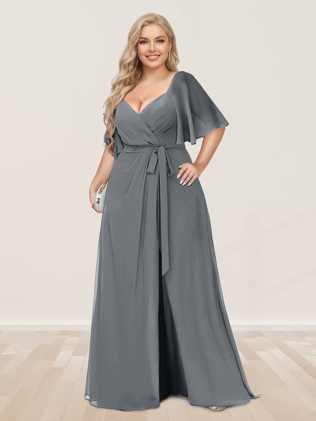 A-Line/Princess V-Neck Half Sleeves Plus Size Bridesmaid Dresses with Split Side