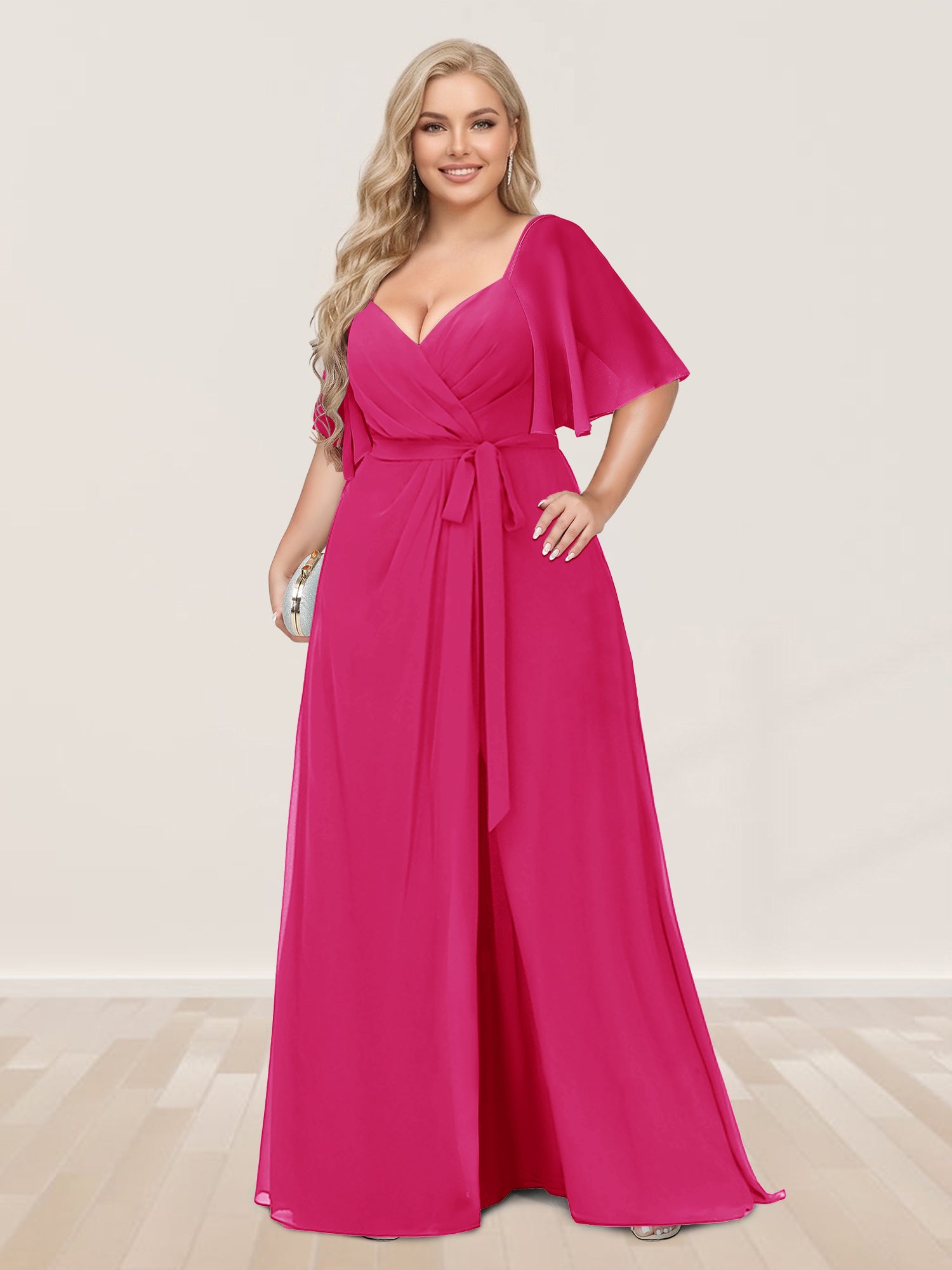 A-Line/Princess V-Neck Half Sleeves Plus Size Bridesmaid Dresses with Split Side