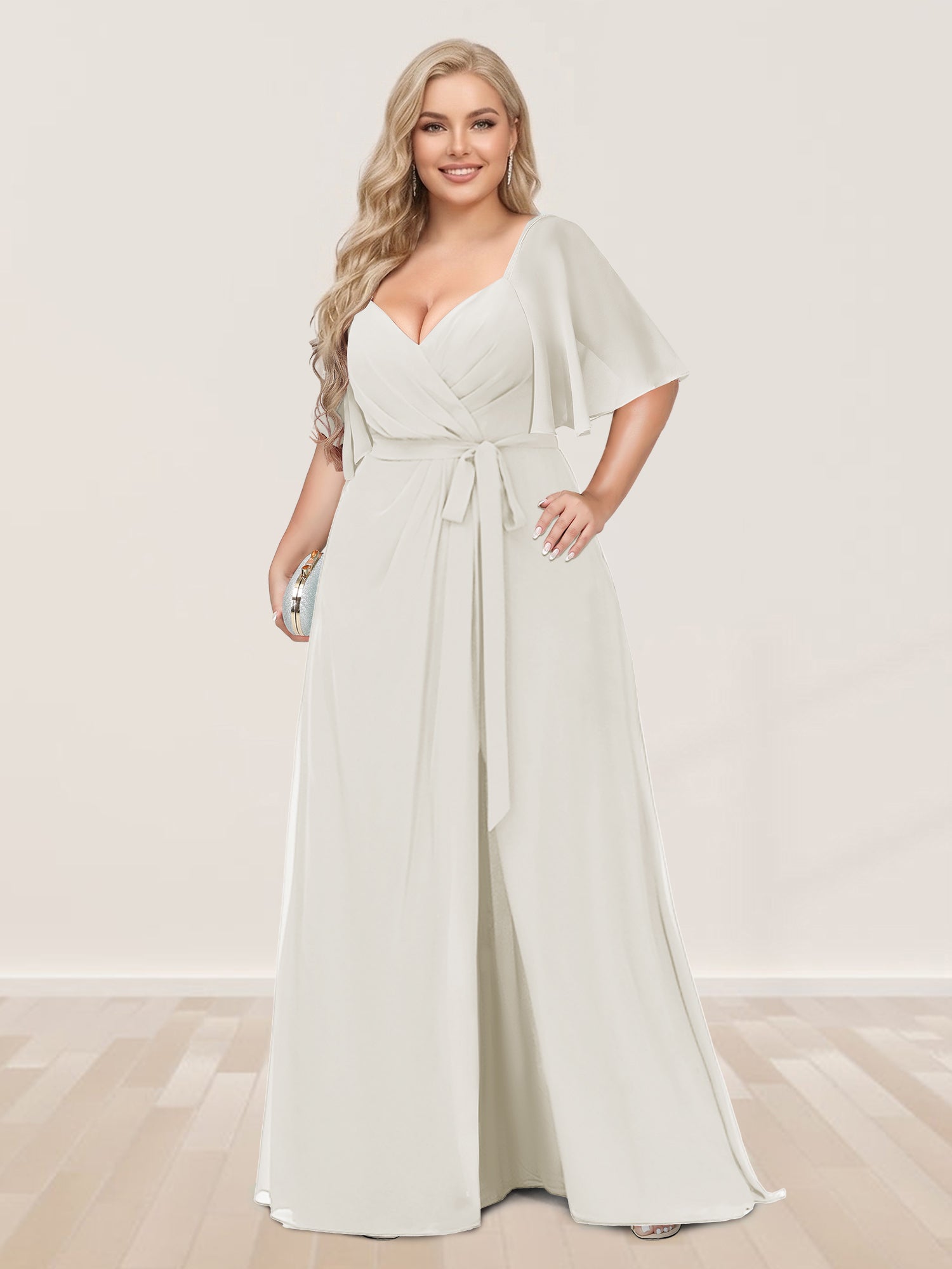 A-Line/Princess V-Neck Half Sleeves Plus Size Bridesmaid Dresses with Split Side
