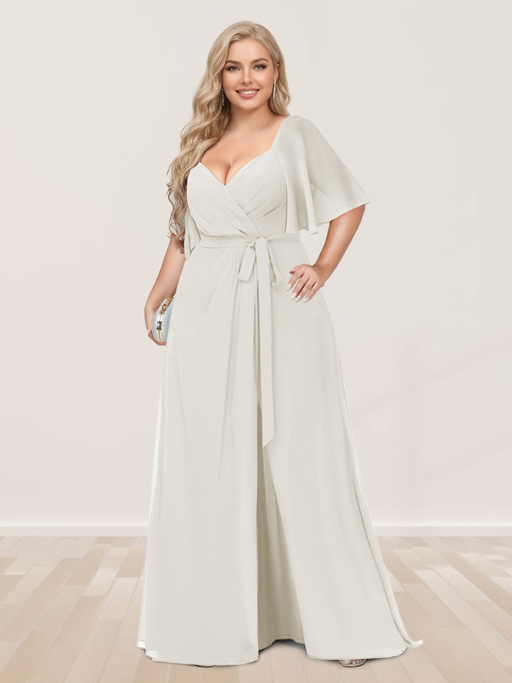 A-Line/Princess V-Neck Half Sleeves Plus Size Bridesmaid Dresses with Split Side
