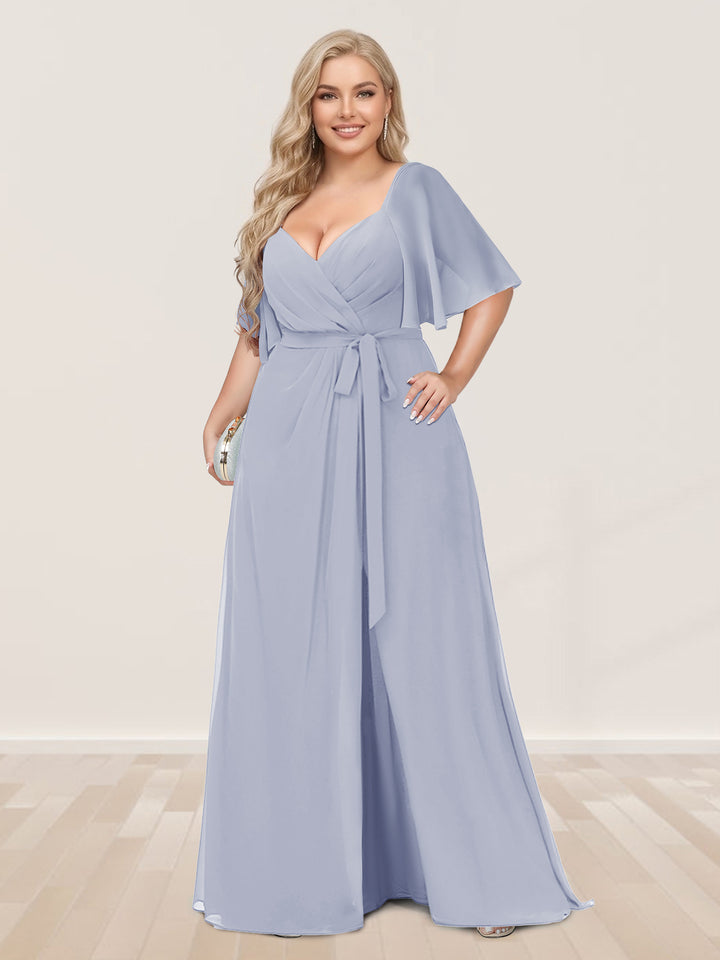 A-Line/Princess V-Neck Half Sleeves Plus Size Bridesmaid Dresses with Split Side