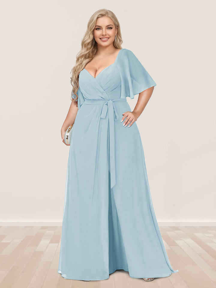 A-Line/Princess V-Neck Half Sleeves Plus Size Bridesmaid Dresses with Split Side