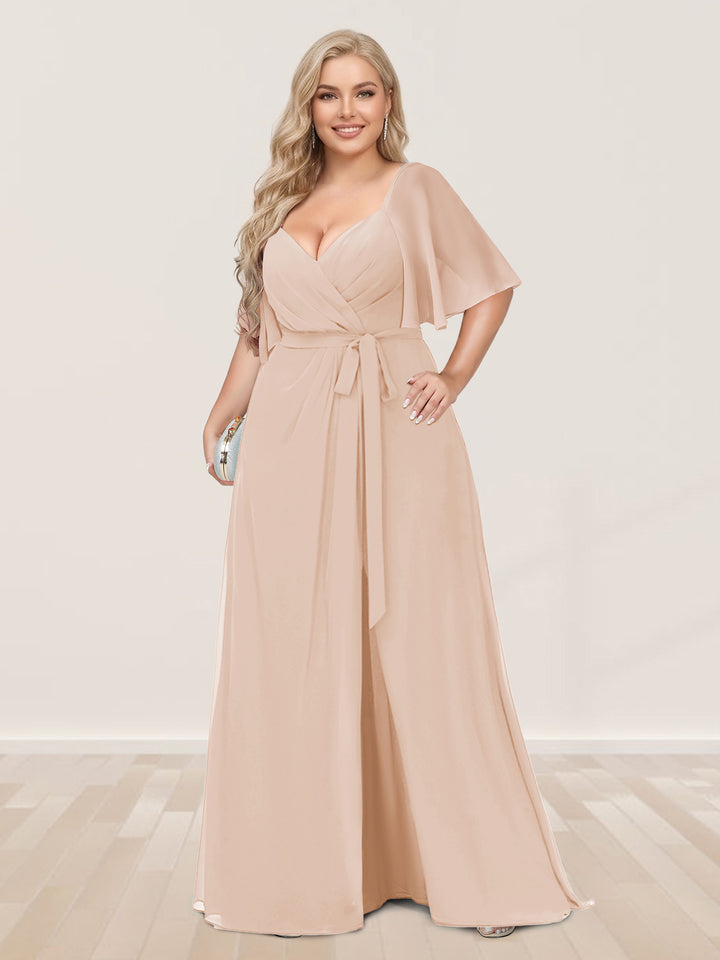 A-Line/Princess V-Neck Half Sleeves Plus Size Bridesmaid Dresses with Split Side