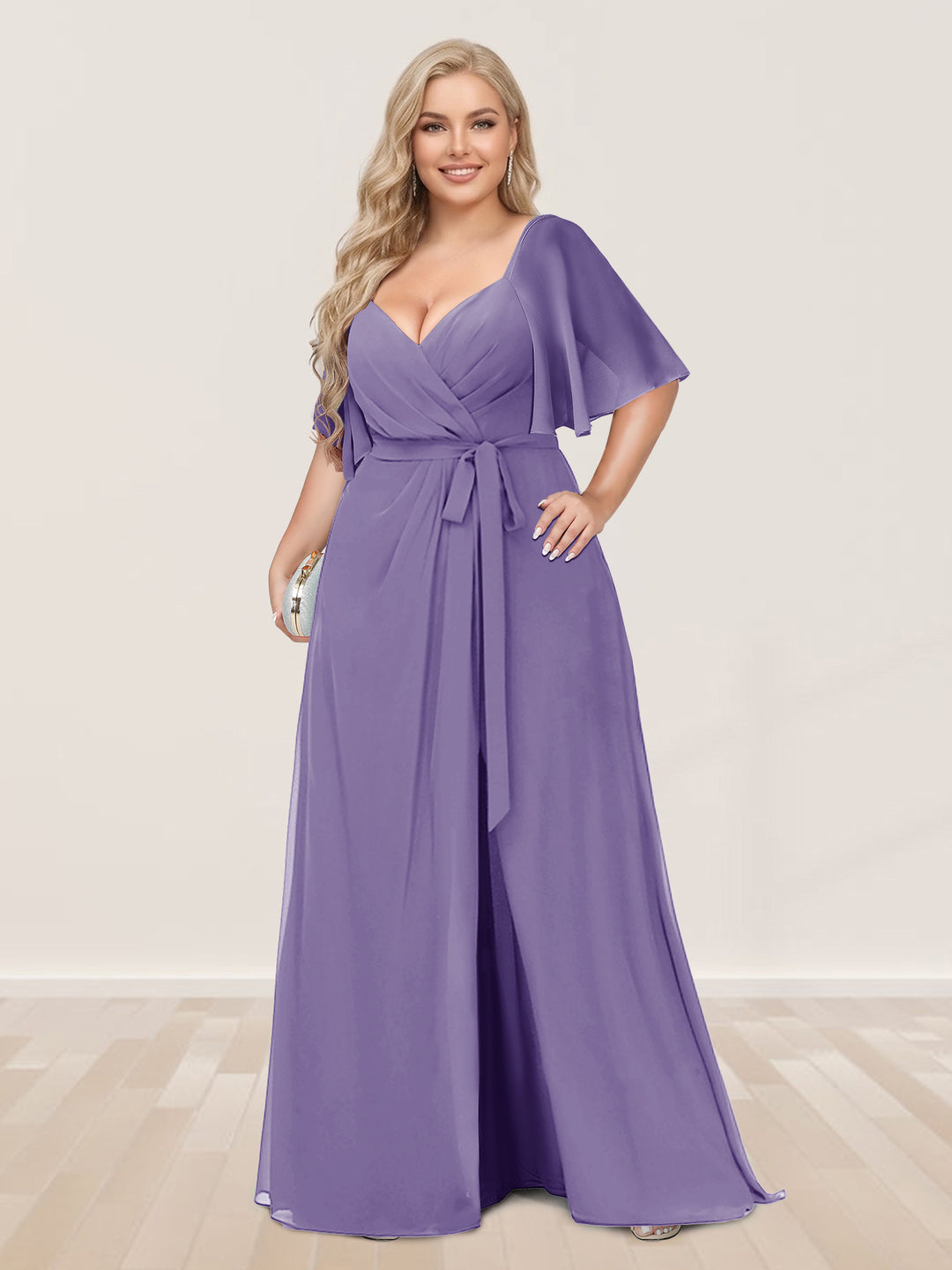 A-Line/Princess V-Neck Half Sleeves Plus Size Bridesmaid Dresses with Split Side