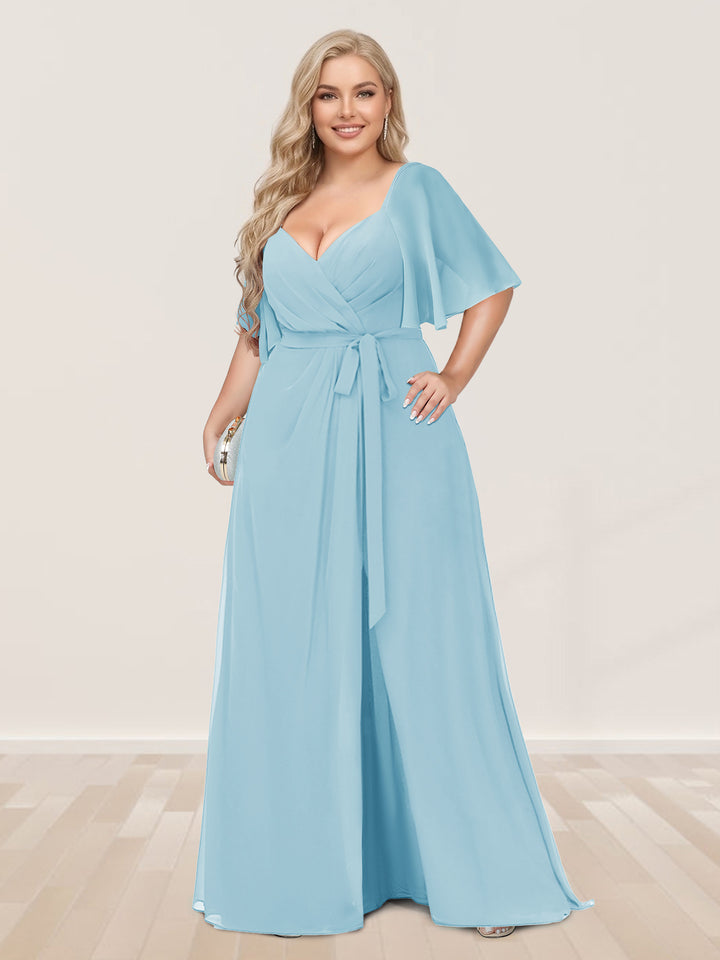 A-Line/Princess V-Neck Half Sleeves Plus Size Bridesmaid Dresses with Split Side